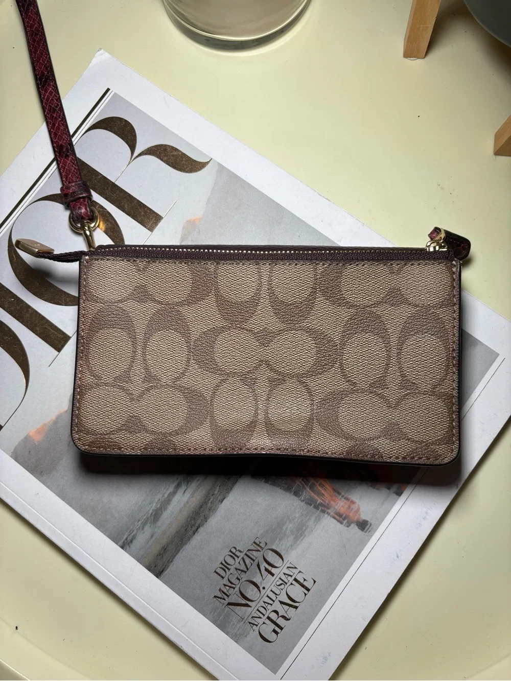 Coach Two-Tone Signature Canvas & Leather Wristlet - Plum & Tan